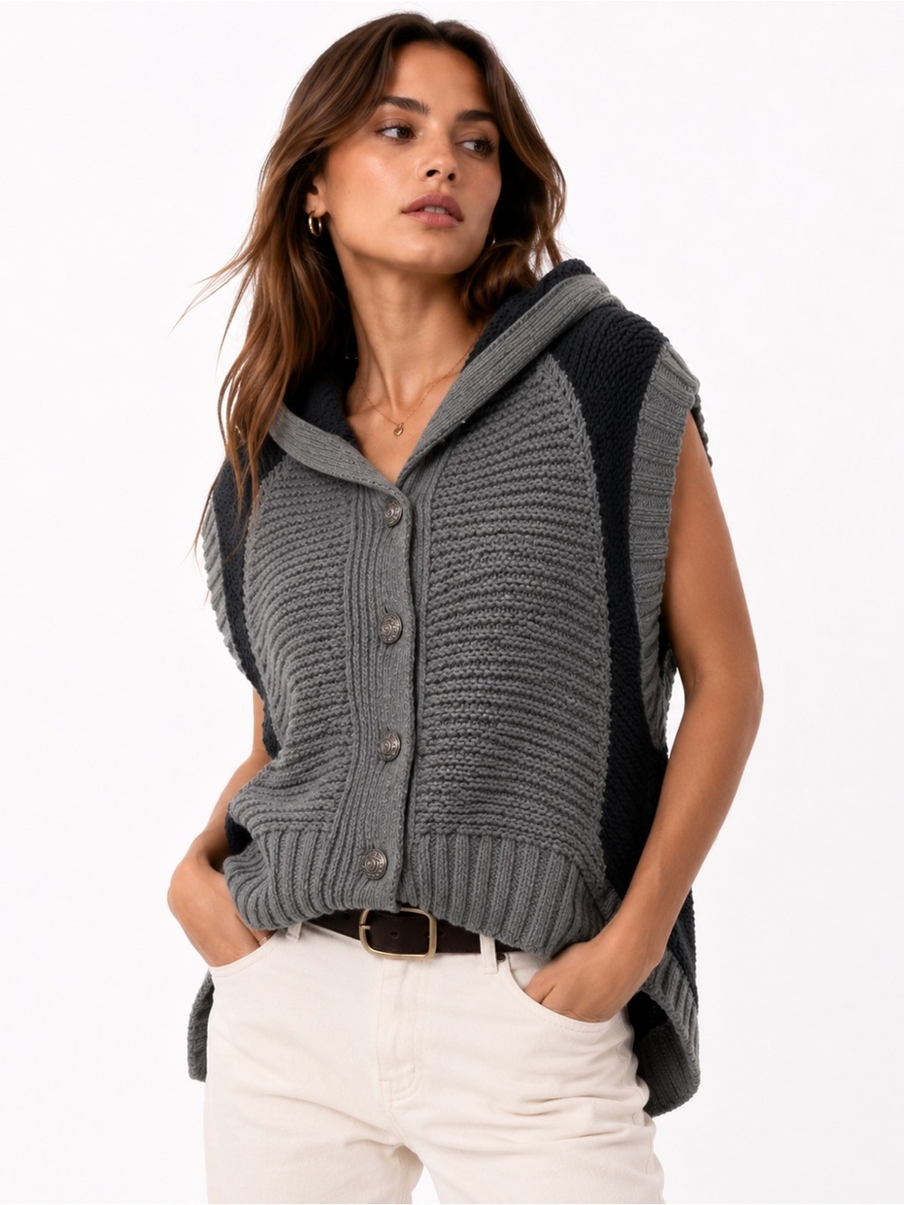 Juicy Couture Y2K Hooded Sweater Vest Chunky Knit Colorblock Petite P